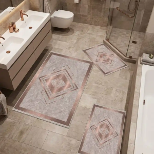 set de trois tapis salle de bain grege avec un cadre marron