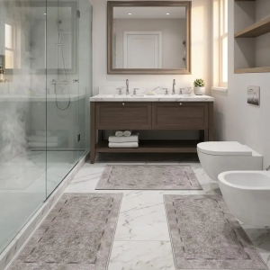 set de trois tapis salle de bain grege avec un cadre de trait pointillés
