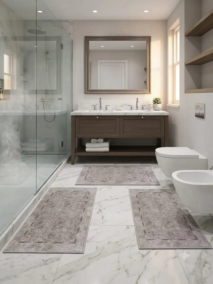 set de trois tapis salle de bain grege avec un cadre de trait pointillés