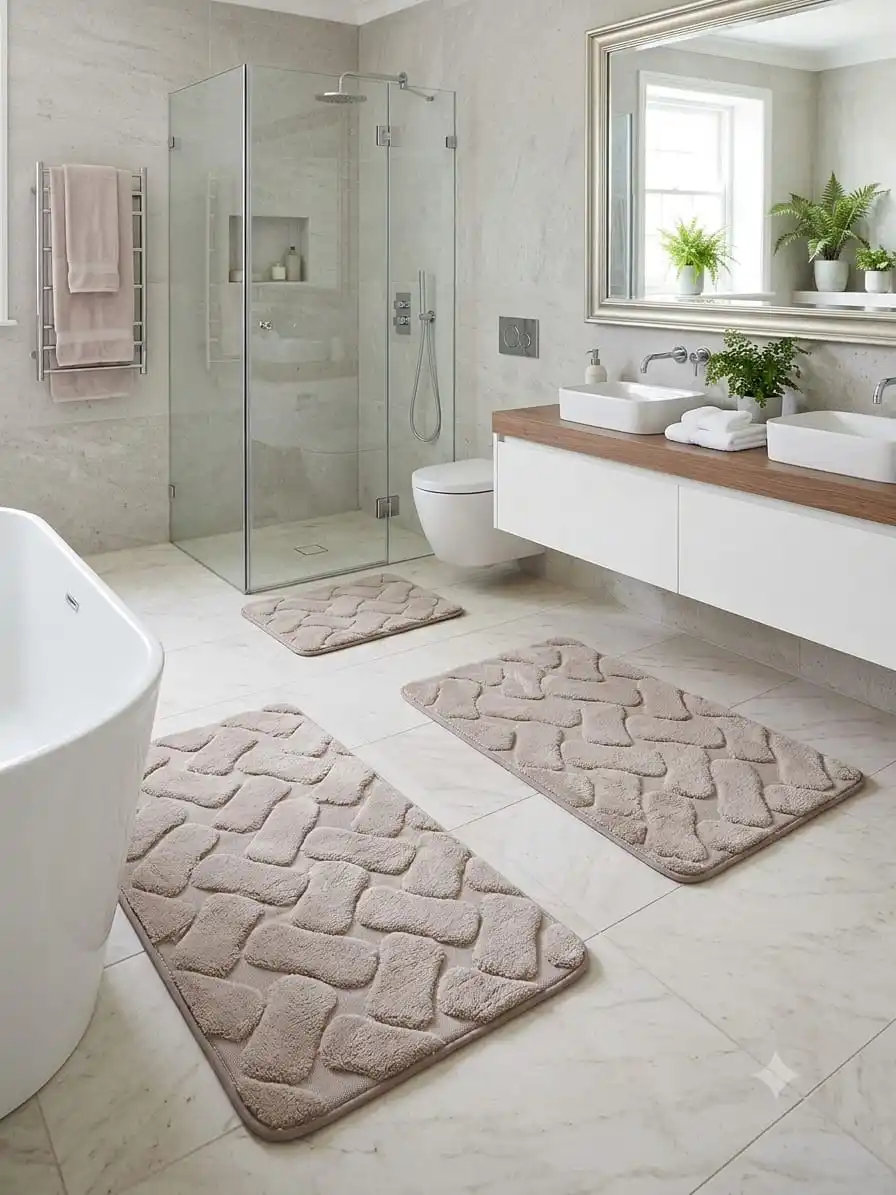 set de trois tapis salle de bain de couleur beige claire