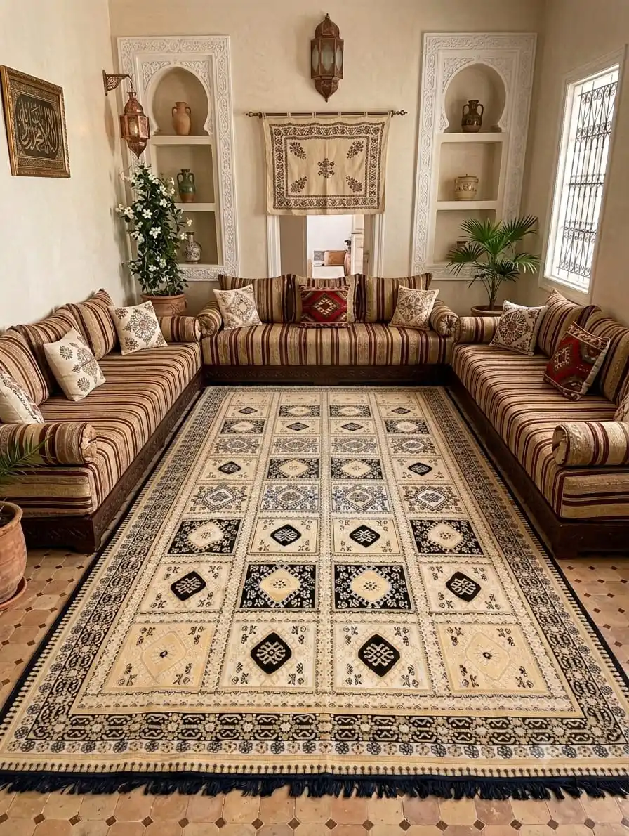 margoum (ثقيل)( traditionnelle styl carreaux (bleu marine et beige jaunatre) 2m/4m
