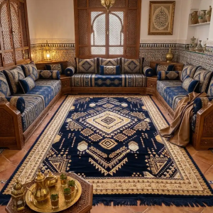 margoum (ثقيل)( traditionnelle styl مقروضة (bleu marineet beige jaunatre) 2m/4m