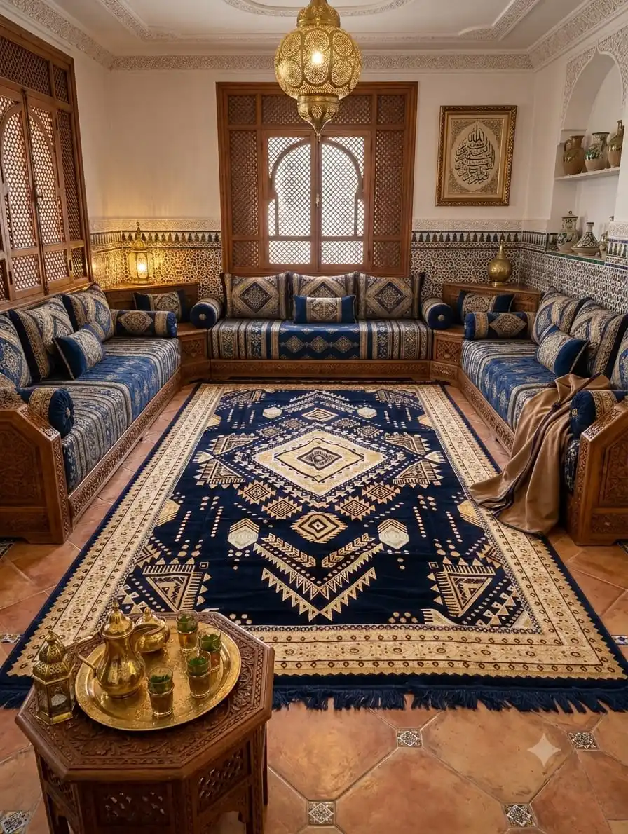 margoum (ثقيل)( traditionnelle styl مقروضة (bleu marineet beige jaunatre) 2m/4m