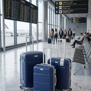 Siri de trois valises tittou incassable et démontable de couleur bleu marine et bande blanc cassé