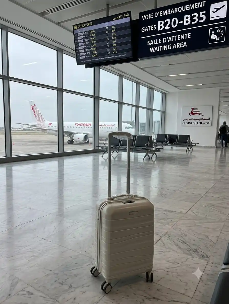 une grande valise tittou de couleur blanc cassé