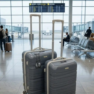 deux valises tittou incassable et démontable de couleur gris avec bande beige (grand et petite )